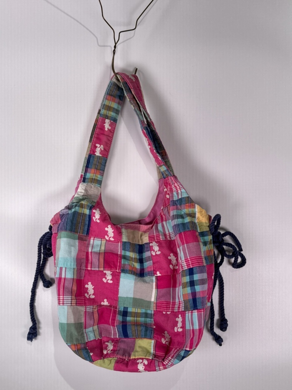 Disney Parks Hobo Bag Mickey Mouse Rope Cinch Plaid Patchwork Pink Multi OS - Picture 4 of 13